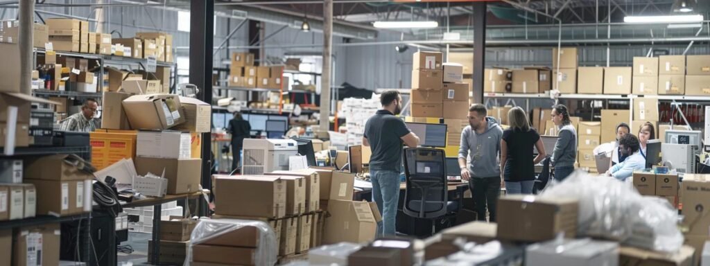 a bustling office environment in aberdeen, nj, showcases a diverse team of professionals actively engaged in planning logistics and discussing moving strategies while surrounded by packed boxes and moving supplies.