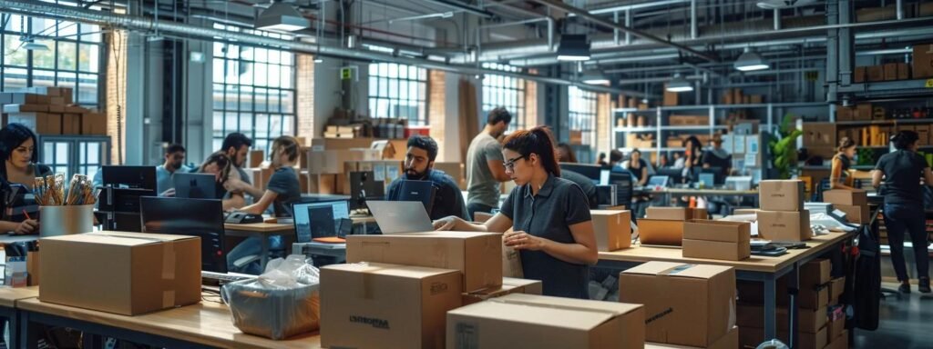 a bustling office environment showcases professional movers expertly packing and organizing boxes, emphasizing the meticulous planning and efficiency of commercial moving solutions.