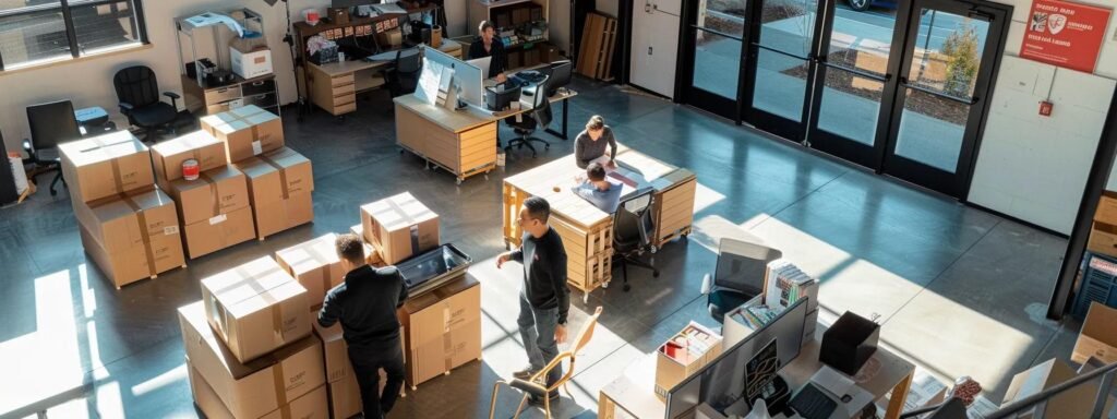 a bustling office environment showcases a diverse team of professionals discussing transparent pricing strategies while surrounded by neatly packed moving boxes, emphasizing the tailored approach to moving and packing services in holmdel.