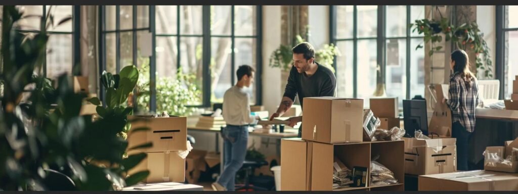 a bustling office environment showcases professional movers efficiently packing delicate items into sturdy boxes, exuding a sense of trust and reliability as they communicate clearly with clients amidst the organized chaos of relocation.