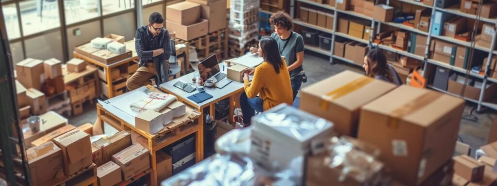 a bustling office environment showcases a diverse group of professionals strategically discussing plans while surrounded by stacks of neatly packed boxes, emphasizing the organized process of finding and booking affordable movers in keansburg.