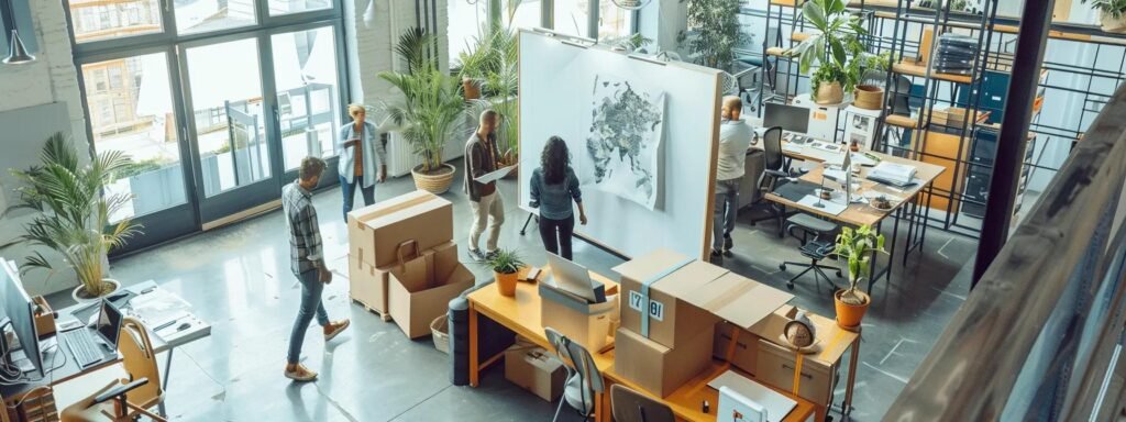 a bustling office environment showcases a team of professionals efficiently coordinating the moving process, surrounded by neatly packed boxes and a clear plan on a large whiteboard, emphasizing organization and teamwork.