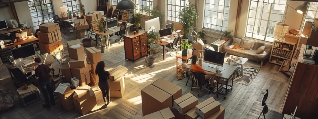 a bustling office environment showcases professional movers efficiently packing boxes and disassembling furniture, illustrating a seamless commercial relocation process with organized chaos and teamwork.