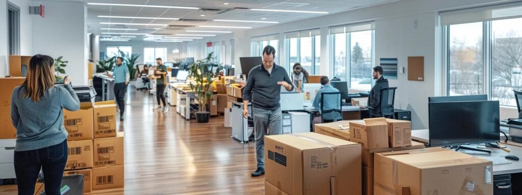 a bustling office interior showcases a team of professionals efficiently organizing and transporting boxes filled with office equipment, emphasizing the seamless coordination and urgency of coastal breeze moving's commercial relocation services in loch arbour.