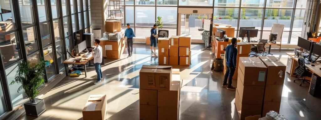 a bustling office space captures a professional team efficiently packing and organizing boxes with specialized padding and custom equipment, showcasing the meticulous care and precision of shoreline movers’ commercial moving services.