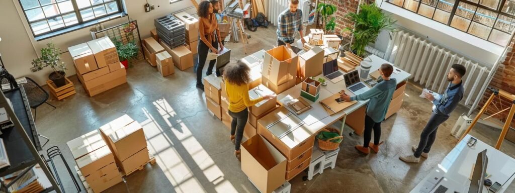 a bustling office space is being meticulously organized as focused individuals collaborate on packing boxes, while a professional moving consultant reviews a comprehensive checklist on a tablet, highlighting a streamlined approach to a stress-free move.