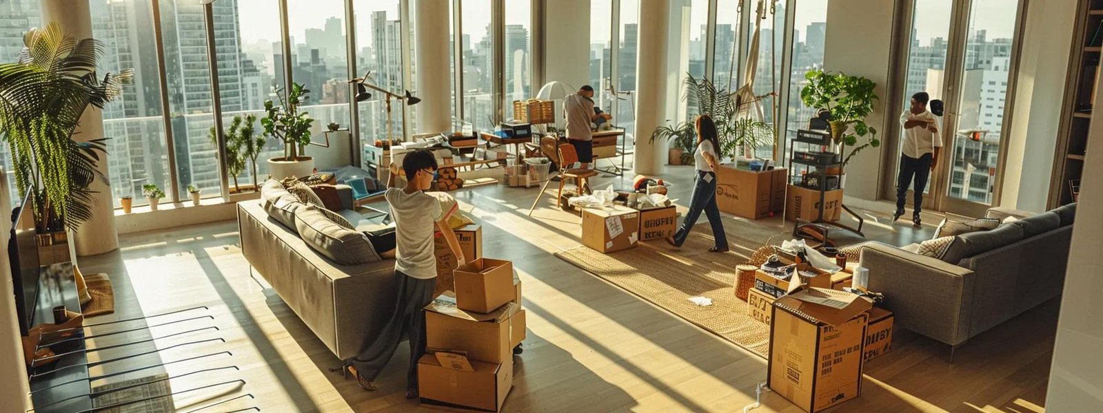 a bustling scene in a modern urban apartment, showcasing movers energetically packing and stacking cardboard boxes amidst sleek interiors and vibrant cityscape glimpses through large windows.
