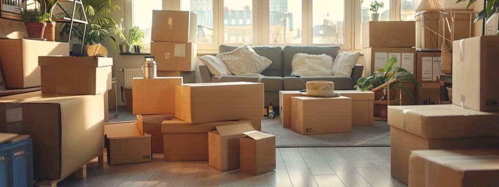 a bustling urban apartment filled with neatly stacked moving boxes, where focused individuals efficiently organize their belongings amidst a backdrop of bright, modern decor suggesting a seamless transition to a new home.