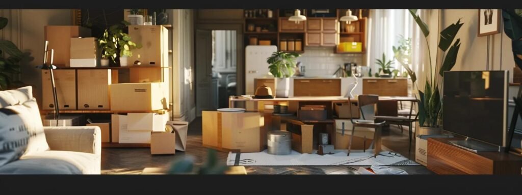 a bustling urban apartment interior showcases professionals efficiently organizing and packing boxes, while a comprehensive moving checklist is prominently displayed on a nearby table, emphasizing the importance of preparation for a seamless moving experience.