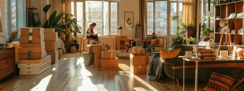 a bustling urban apartment interior filled with boxes and packing materials, showcasing a professional moving consultant guiding a family through meticulous organization and preparation for their upcoming relocation.