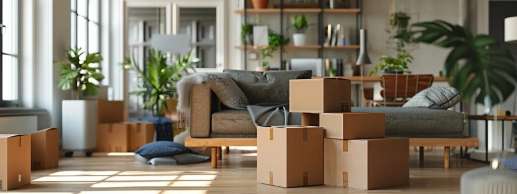 a bustling urban apartment interior showcases professional movers efficiently packing and organizing boxes, highlighting the dynamic essence of relocation services in lake como.