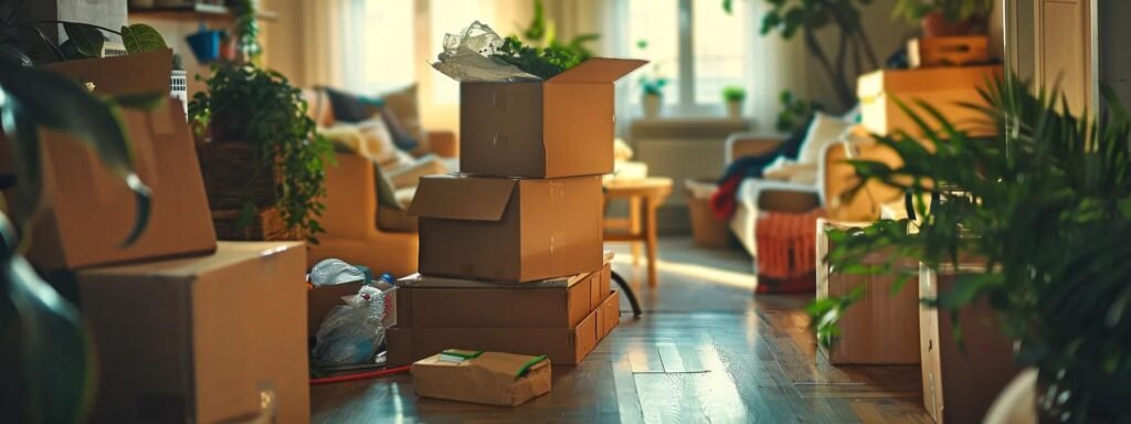 a bustling urban apartment scene showcases individuals efficiently packing sturdy cardboard boxes, surrounded by vibrant packing supplies like bubble wrap and tape, emphasizing the organized chaos of preparing for a seamless move.