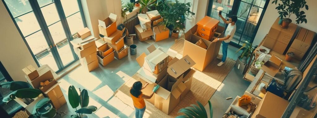 a bustling urban environment showcases professional movers expertly packing and organizing boxes in a modern apartment, highlighting the efficiency and meticulous planning essential for a stress-free relocation.