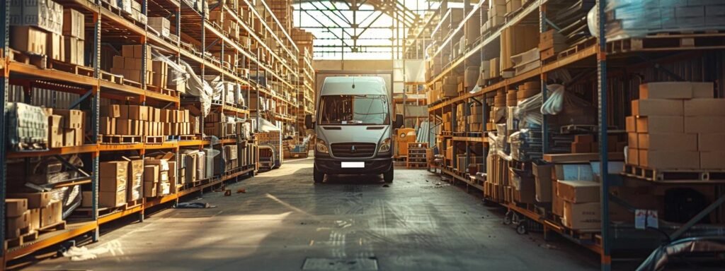 a bustling urban moving company operates in a well-organized warehouse filled with neatly stacked boxes and professional movers efficiently packing items into a van, capturing the essence of relocation logistics.