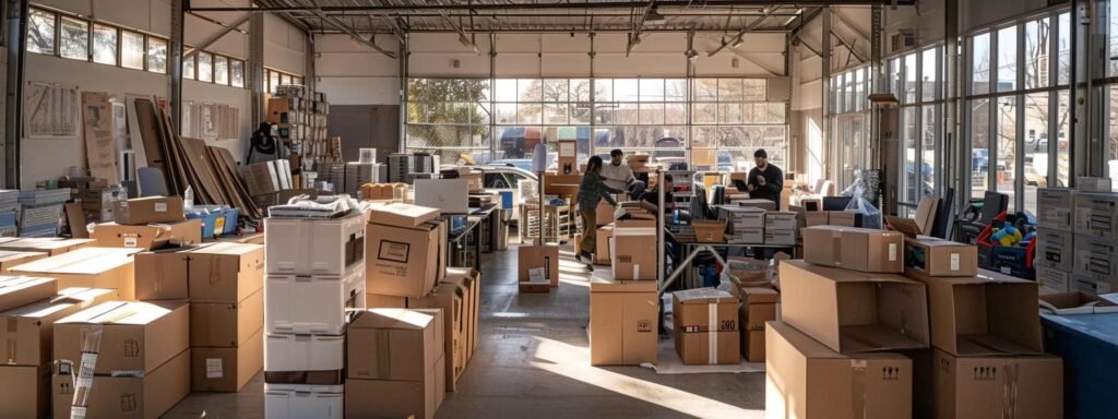 a bustling urban moving company office in allenhurst, nj, filled with energetic professionals discussing logistics, with cardboard boxes and packing materials prominently displayed, creating a dynamic atmosphere of organization and efficiency.