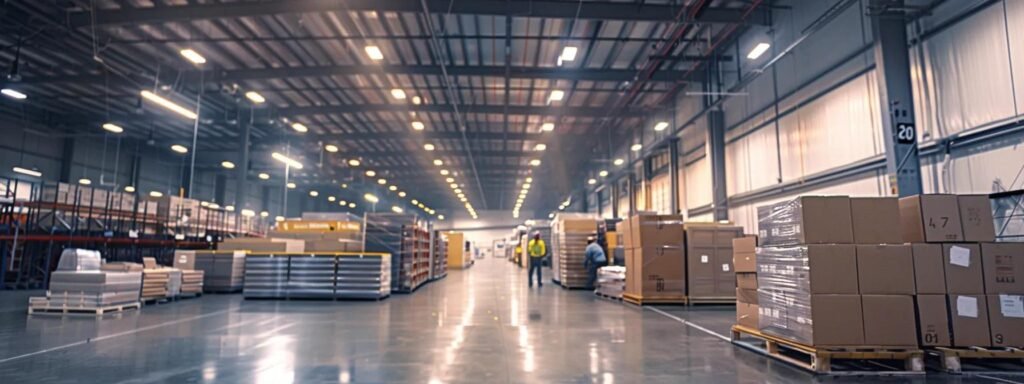 a bustling urban moving company in aberdeen, nj, showcases a vibrant scene of diverse team members efficiently packing and stacking boxes in a modern warehouse, illuminated by bright overhead lights, creating a dynamic atmosphere of productivity and teamwork.