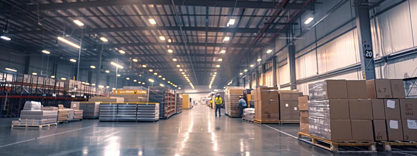 a bustling urban moving company in aberdeen, nj, showcases a vibrant scene of diverse team members efficiently packing and stacking boxes in a modern warehouse, illuminated by bright overhead lights, creating a dynamic atmosphere of productivity and teamwork.