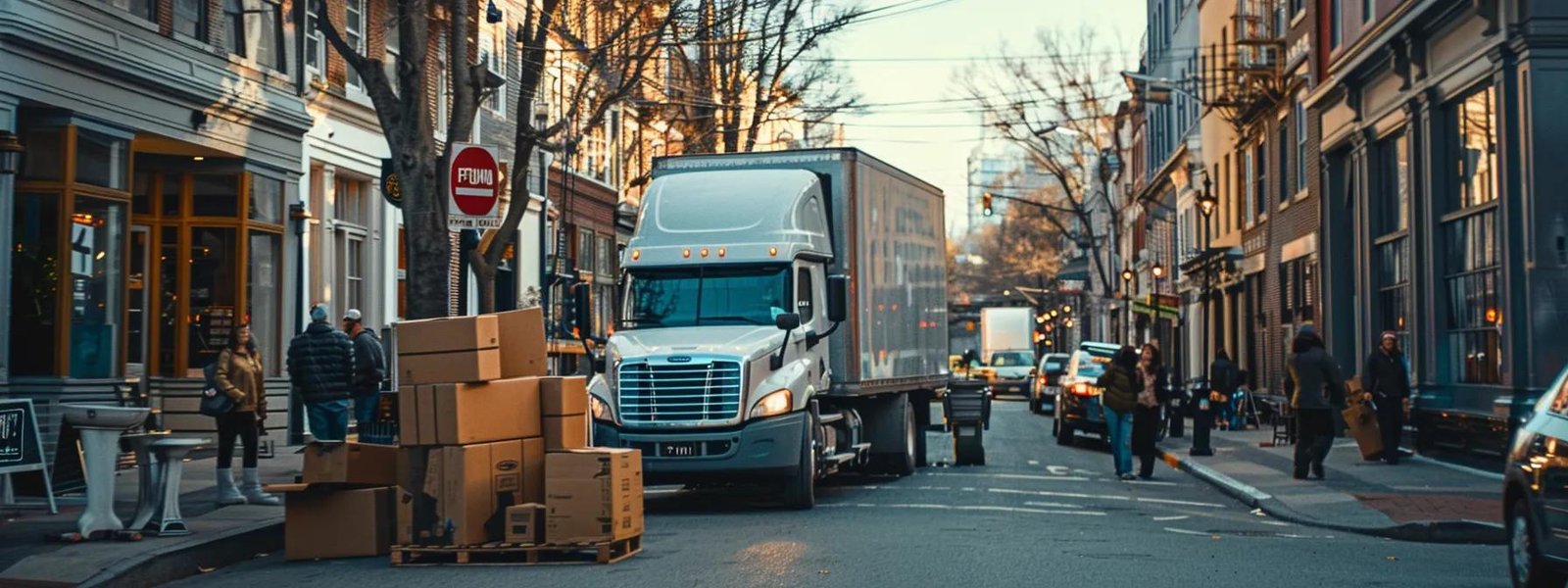 a bustling urban moving company in action, featuring a diverse team of movers efficiently packing and loading boxes into a sleek truck against the backdrop of a busy street in oceanport.