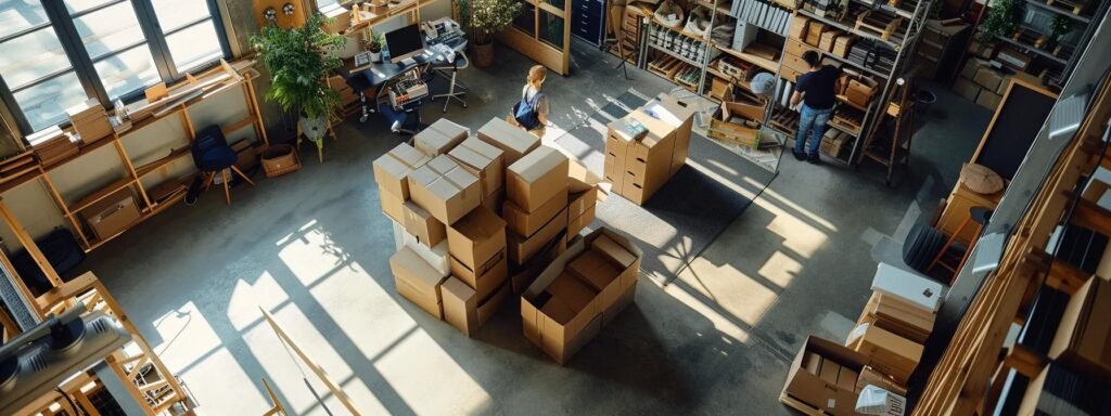 a bustling urban moving company workspace showcases efficient movers expertly organizing boxes and preparing logistics, emphasizing the importance of strategic planning for a smooth relocation.