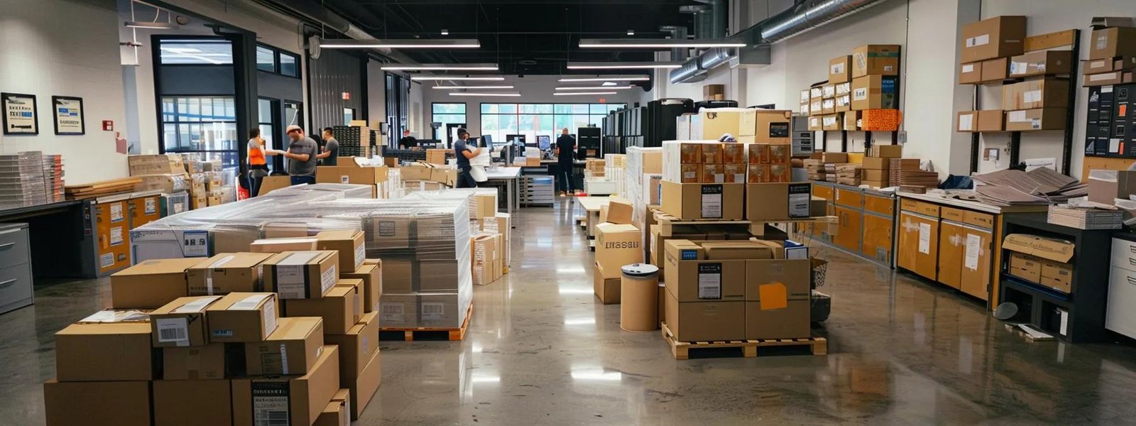 a bustling urban moving company office in neptune, nj, filled with organized stacks of packed boxes and dynamic team members coordinating logistics with urgency and focus.