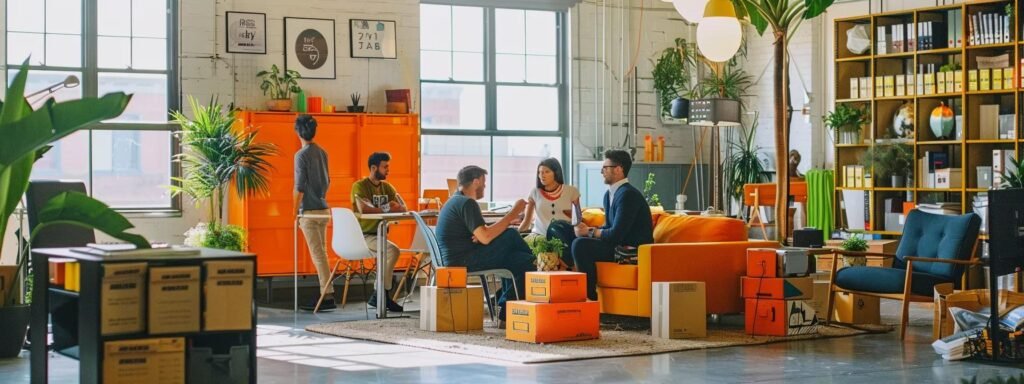 a bustling urban moving company office showcases a diverse team of professionals strategizing over a spread of colorful moving boxes, emphasizing the importance of timely bookings for efficient relocations.