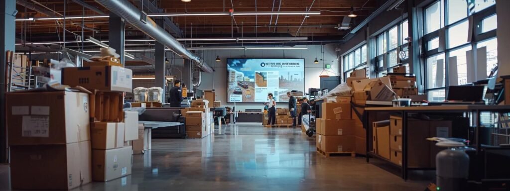 a bustling urban moving company office showcases a large digital screen displaying glowing customer testimonials while workers efficiently pack and stack boxes in the foreground, creating an atmosphere of professionalism and reliability.