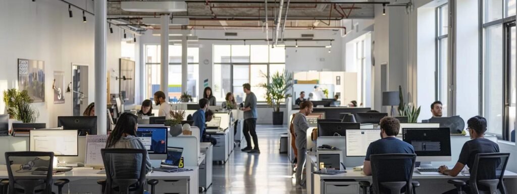 a bustling urban moving company office displays a sleek, modern workspace where diverse team members enthusiastically engage with clients over phones and laptops, conveying a sense of efficiency and reliability in coordinating seamless relocation services.