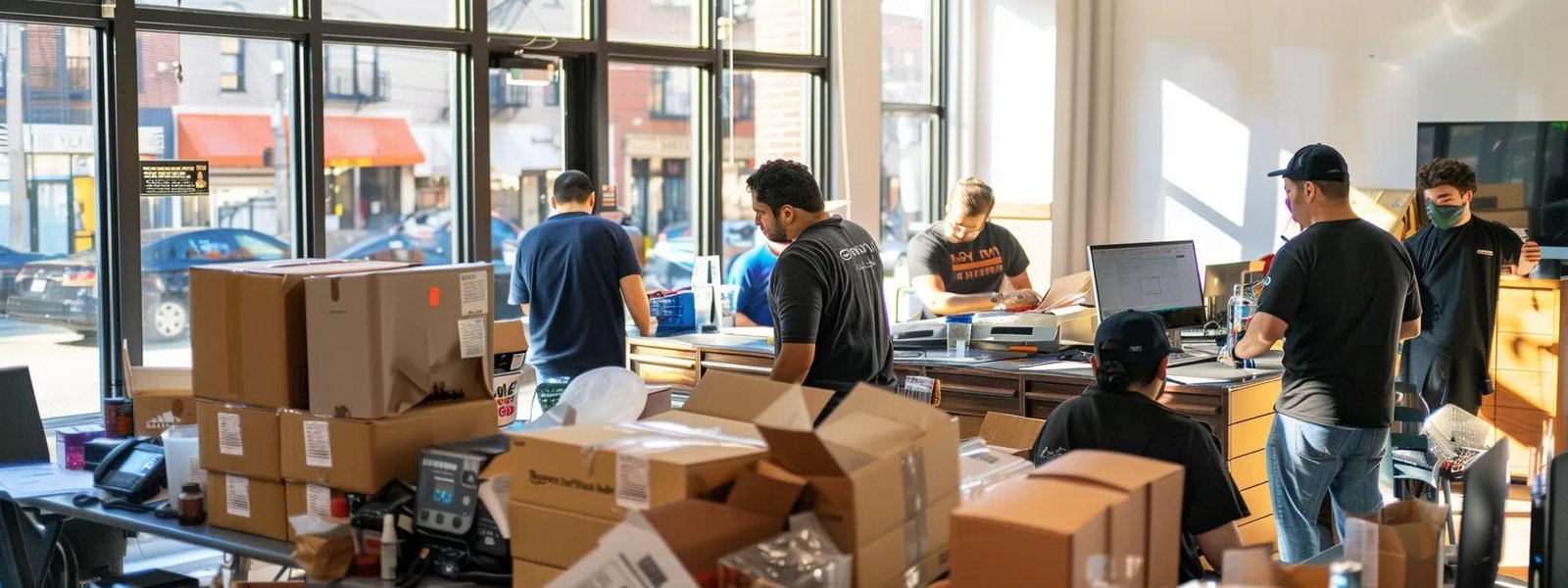 a bustling urban moving company office showcases a diverse team energetically packing and organizing boxes, with vibrant city life visible through large windows, reflecting the efficient and affordable service of keansburg movers.