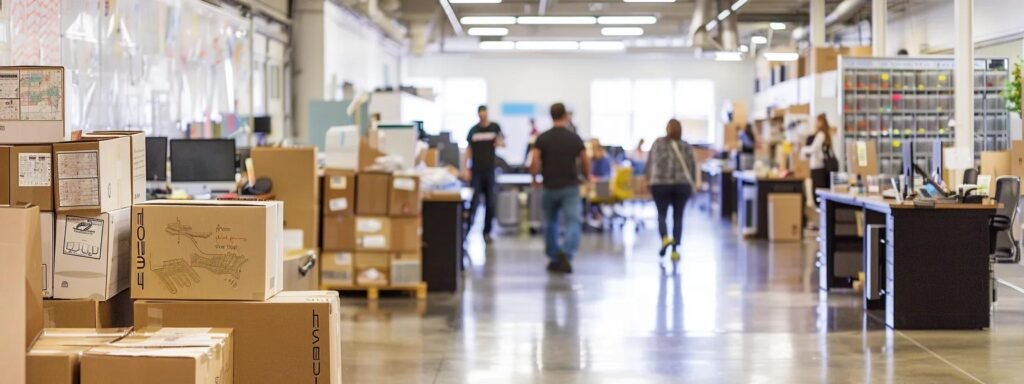 a bustling urban moving company showcases workers expertly packing boxes into a sleek truck against a backdrop of key neighborhoods in keyport, nj, emphasizing their adaptability and commitment to quality service in residential and commercial relocations.