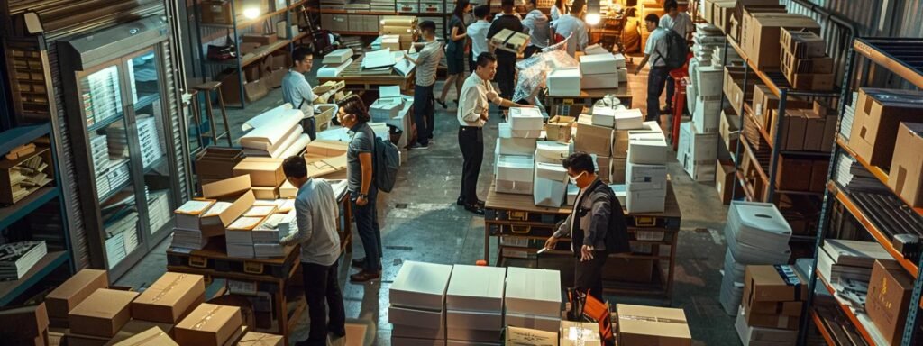 a bustling urban moving company office, featuring a diverse group of professionals strategically discussing detailed quotes while surrounded by neatly stacked boxes and packing supplies, illuminated by bright overhead lights.