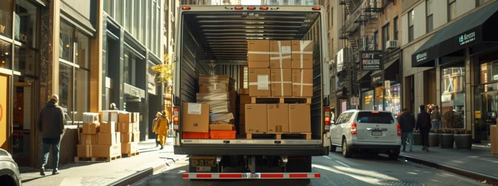 a bustling urban moving scene inside a bright, organized truck showcases a professional crew efficiently loading and unloading a variety of well-packaged boxes, highlighting their careful arrangement and teamwork amidst a backdrop of city buildings.