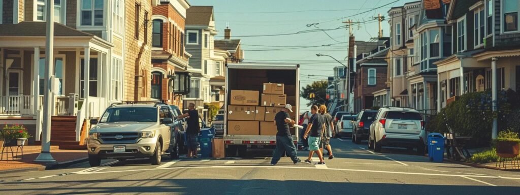 a bustling urban moving scene captures a diverse group of people efficiently packing and transporting boxes into a moving truck against the backdrop of monmouth beach's vibrant coastal streets.