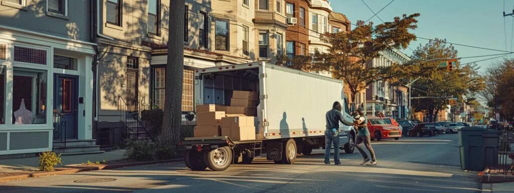 a bustling urban moving scene in aberdeen, nj, captures a diverse group of people packing boxes into a modern, organized moving truck against a backdrop of vibrant neighborhood storefronts and welcoming residential buildings, reflecting the community's unique character and lifestyle benefits.