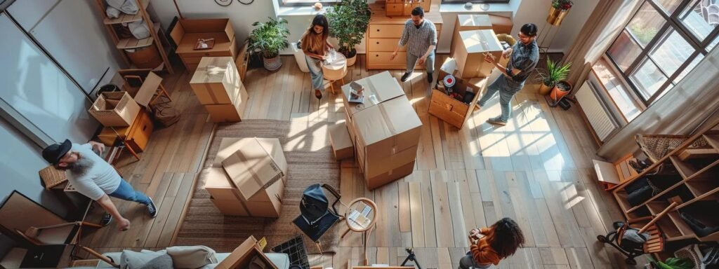 a bustling urban moving scene inside a modern apartment, showcasing diverse individuals efficiently packing boxes and coordinating logistics with a detailed timeline visible on a digital tablet, emphasizing the organized chaos of relocating within lake como.