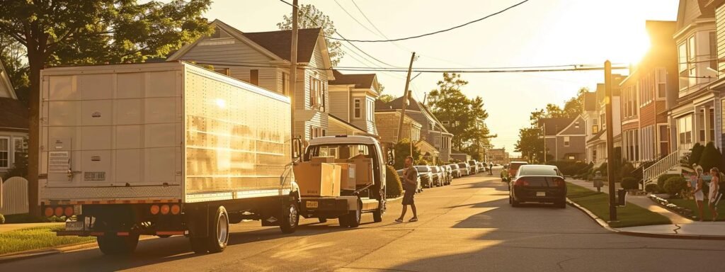 a bustling urban moving scene in oceanport, nj, captures numerous individuals efficiently packing and transporting boxes into a large moving truck under the bright summer sun, highlighting the peak season of relocation amidst a vibrant city landscape.