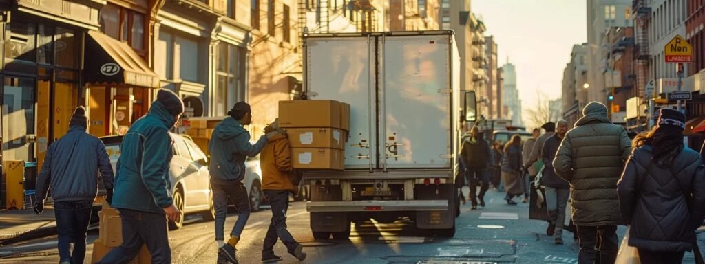 a bustling urban moving scene in neptune, nj, captures a diverse group of professionals efficiently packing boxes into a modern moving truck against a backdrop of city hustle, emphasizing the organized chaos of relocation.