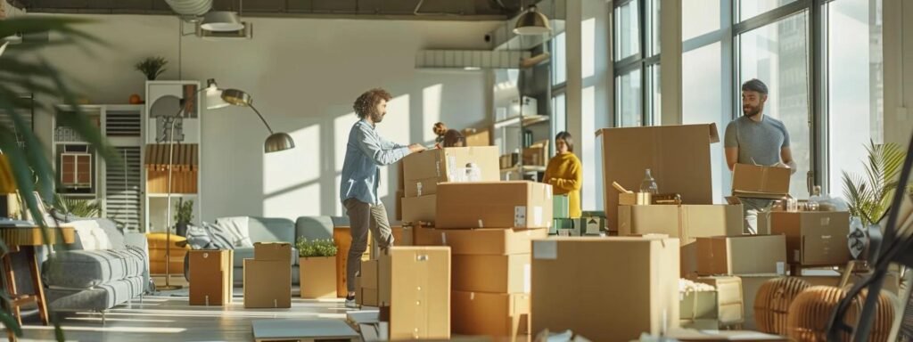 a bustling urban moving scene inside a modern apartment, featuring individuals efficiently packing sturdy boxes labeled with room assignments while surrounded by neatly arranged packing supplies, embodying the organized chaos of a successful move.