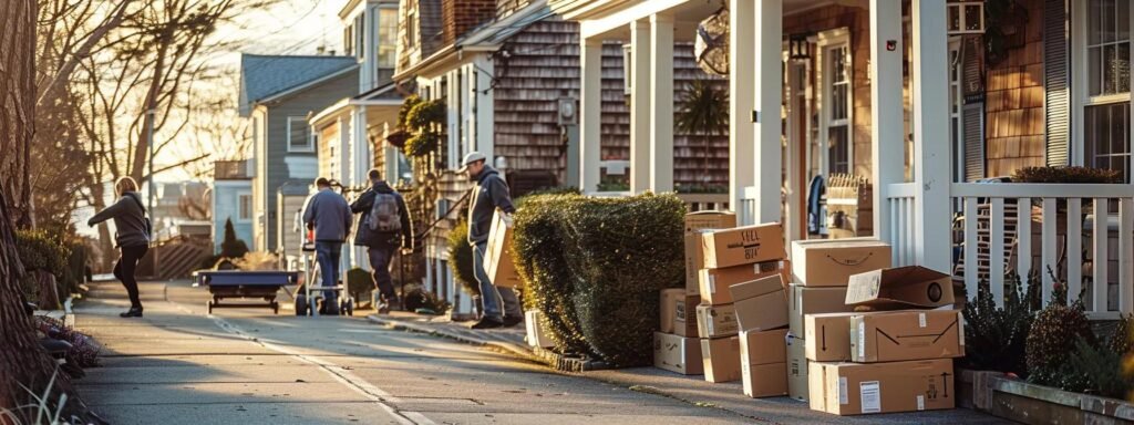 a bustling urban moving scene shows professional movers expertly navigating a vibrant oceanport neighborhood, packed boxes stacked outside a charming coastal home, under the soft glow of late afternoon lighting.