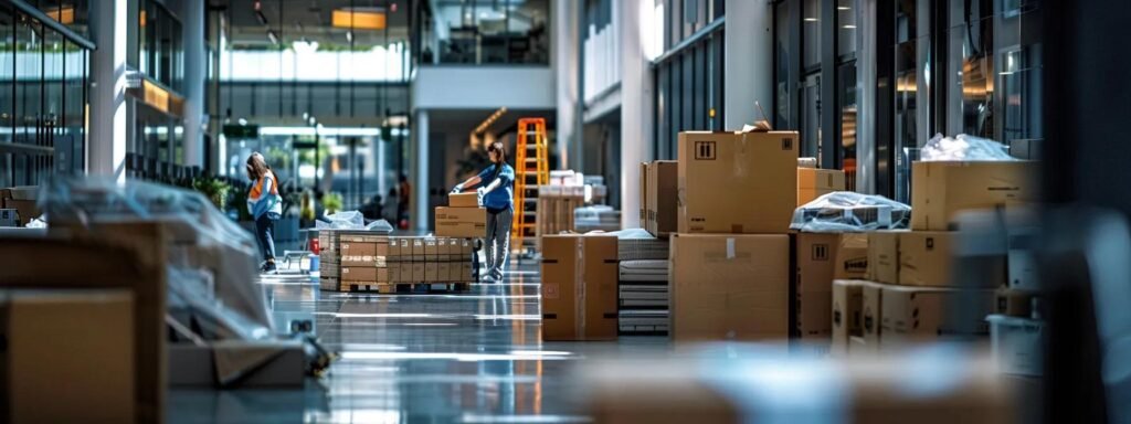 Bustling urban moving scene with workers handling boxes and packages in a spacious interior, showcasing a busy logistics environment.