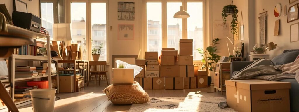 a bustling urban moving scene unfolds in a modern apartment, showcasing a diverse team efficiently packing and organizing neatly stacked boxes, embodying the essence of stress-free preparation and teamwork for relocation.