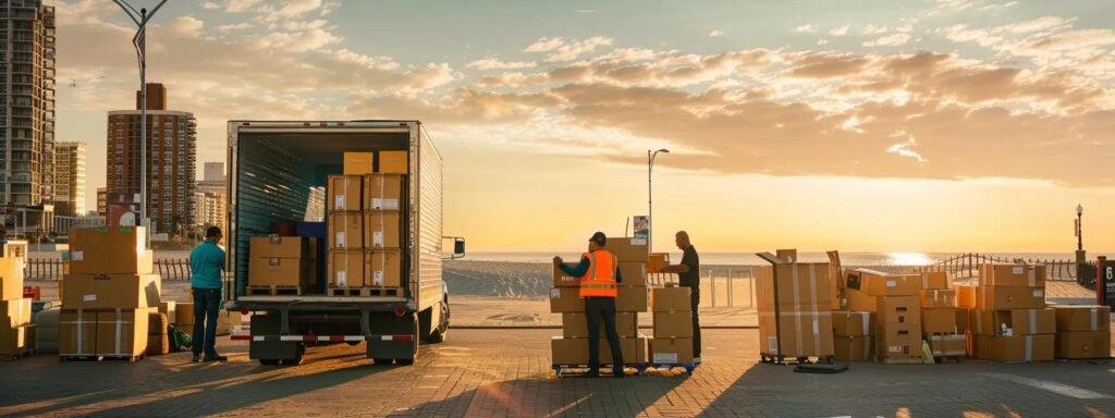 a bustling urban moving service team efficiently organizes and packs vibrant boxes into a sleek moving truck against the backdrop of a coastal skyline in ocean city, new jersey.