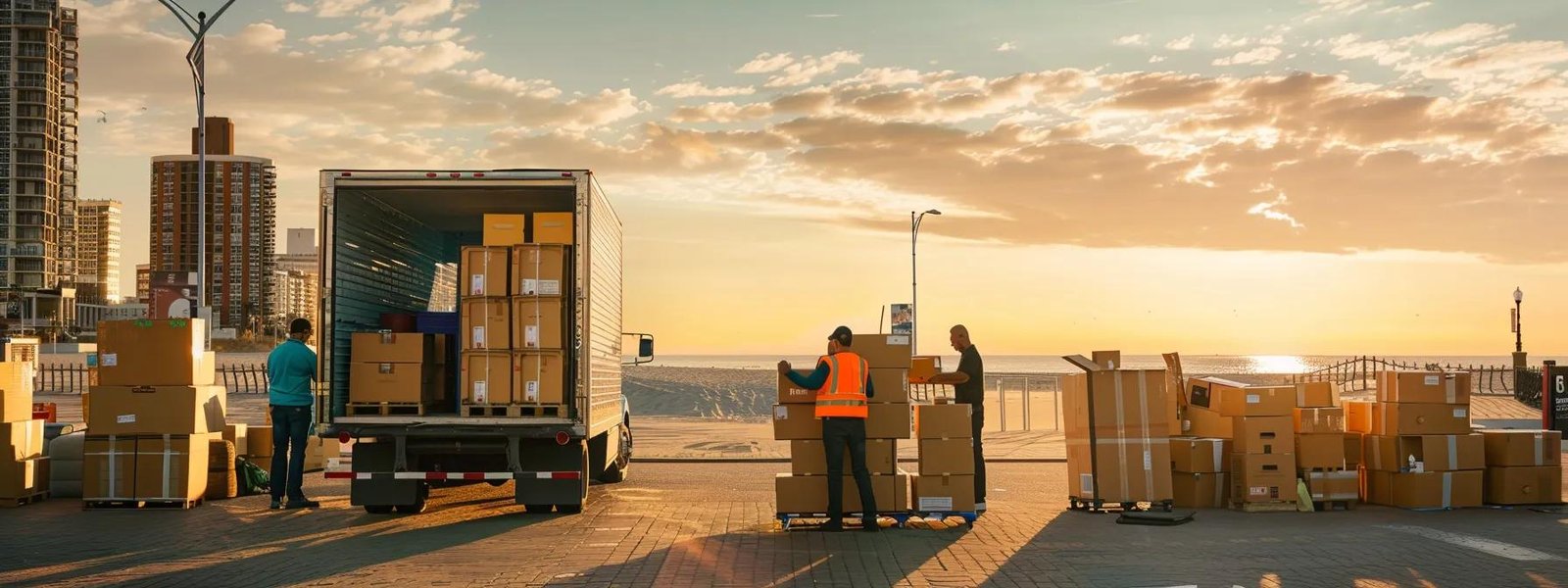 a bustling urban moving service team efficiently organizes and packs vibrant boxes into a sleek moving truck against the backdrop of a coastal skyline in ocean city, new jersey.