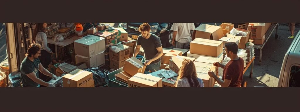 a bustling urban moving service environment captures diverse individuals efficiently packing and lifting boxes into a truck, with detailed quotes and diagrams visible on digital tablets, reflecting the organized chaos of a cost-effective relocation process.
