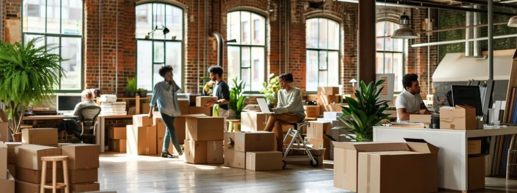 a bustling urban office environment showcases a diverse team of professionals efficiently coordinating a move, surrounded by neatly packed boxes, moving supplies, and digital planning tools, capturing the essence of seamless relocation services in highlands, nj.