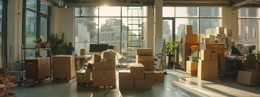 a bustling urban office environment showcases professional movers expertly packing a variety of boxes using sturdy packing materials, emphasizing the efficiency and care essential for a seamless relocation.