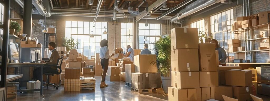 a bustling urban office environment showcases a diverse group of professionals intently discussing moving strategies over stacks of packed boxes, highlighting the essential questions about choosing the right moving services.