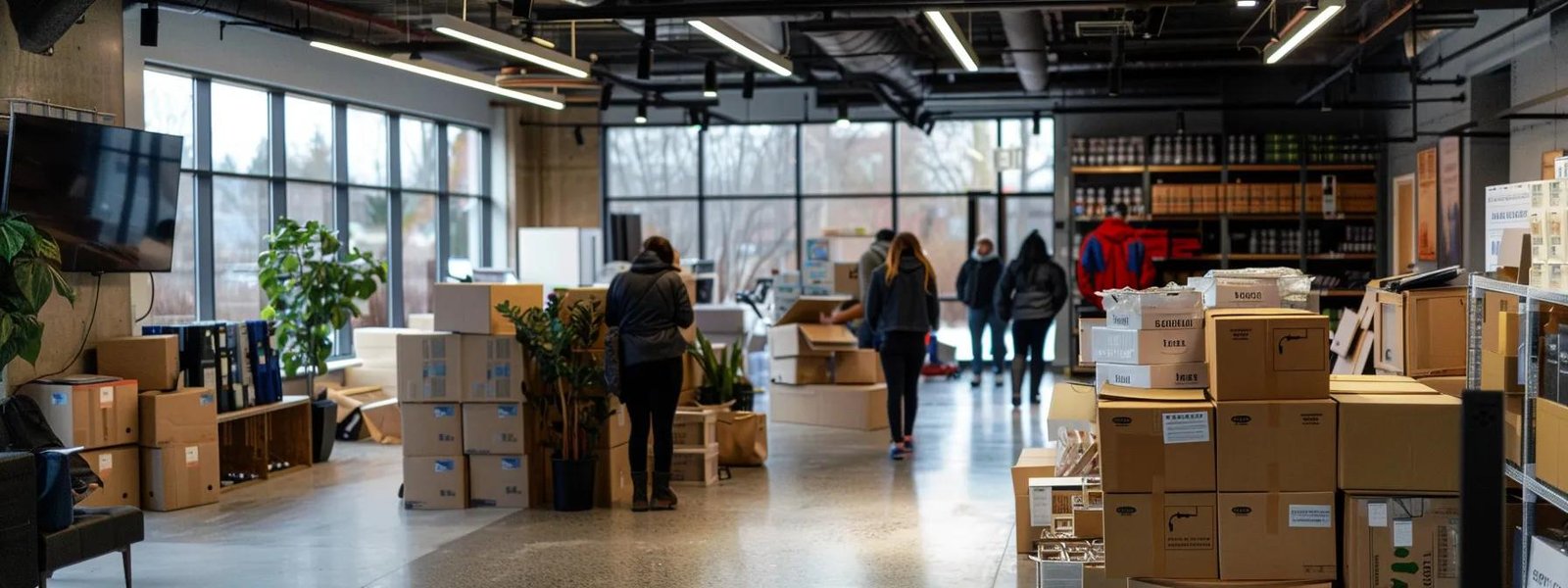 a bustling urban office environment showcases a diverse team coordinating relocation services in highlands, nj, with strategically stacked moving boxes and packing supplies creating a dynamic atmosphere of organization and focus.