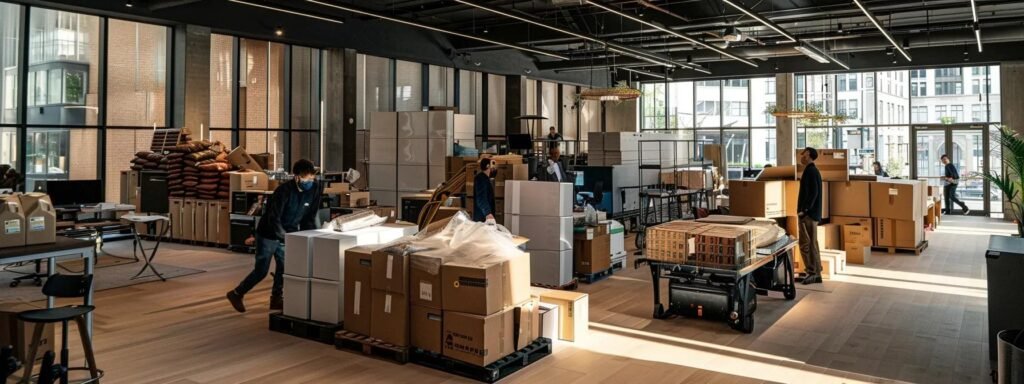 a bustling urban office interior showcases professional movers carefully maneuvering specialty equipment around large, intricately packed items, emphasizing the precision and care involved in their unique moving services.