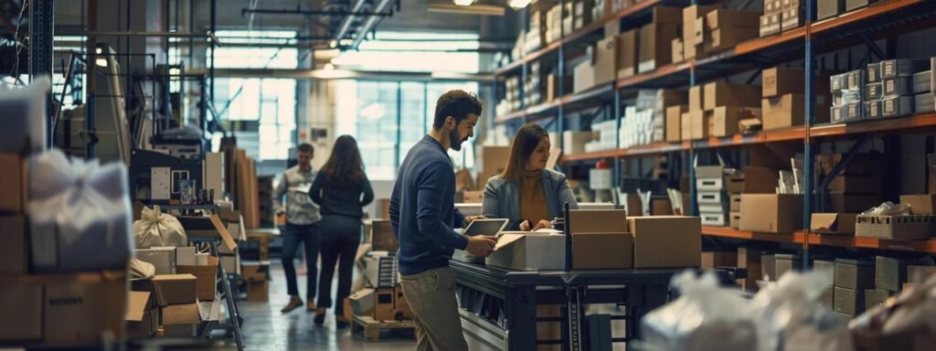 a bustling urban office scene captures a team of focused professionals engaged in detailed discussions while surrounded by organized boxes and moving supplies, highlighting the transparent pricing and planning involved in the moving process.