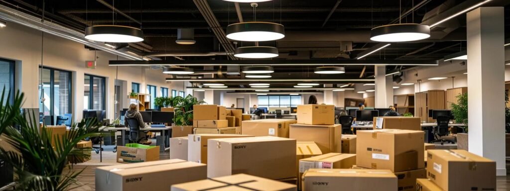 a bustling urban office space filled with moving boxes, packing materials, and engaged professionals discussing relocation logistics to highlands, nj, under vibrant, modern lighting.